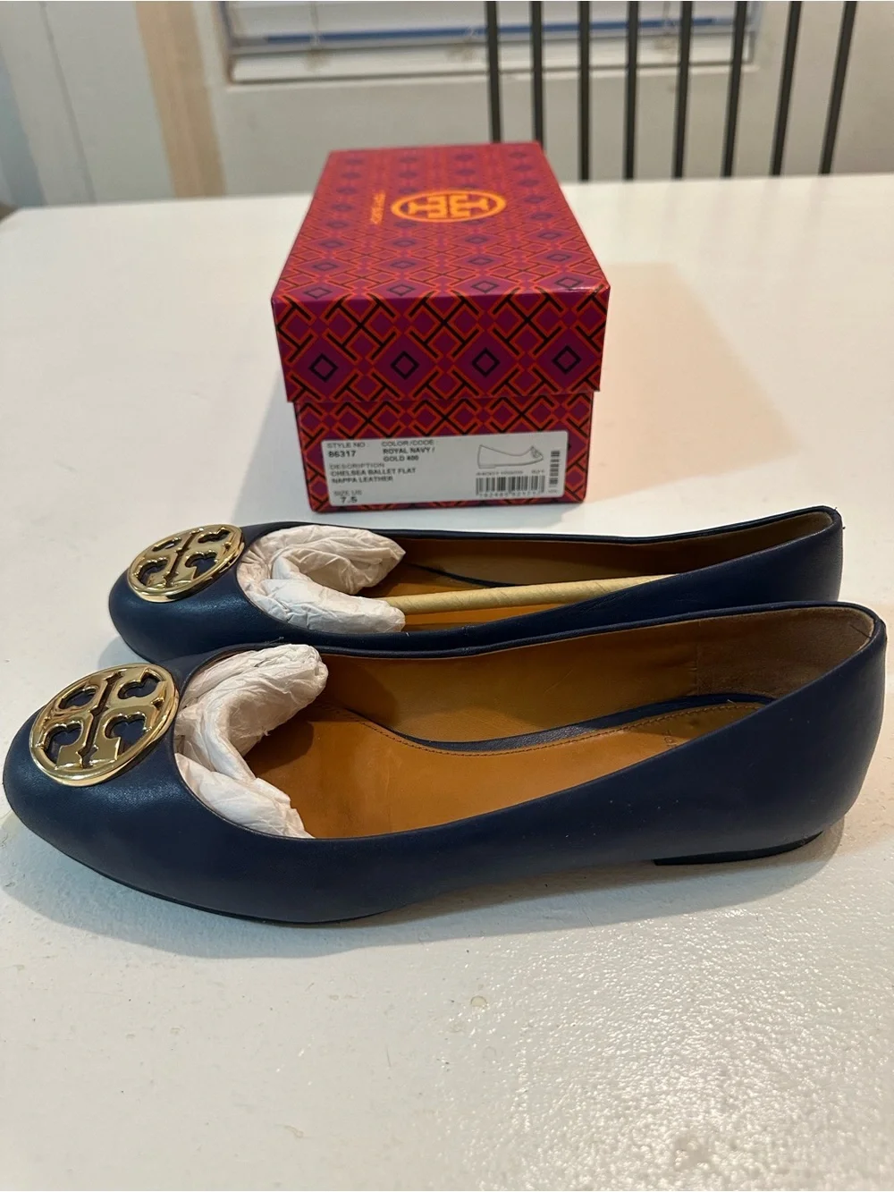 Tory Burch Chelsea Ballet Flat in Royal Navy with Gold Logo Medallion